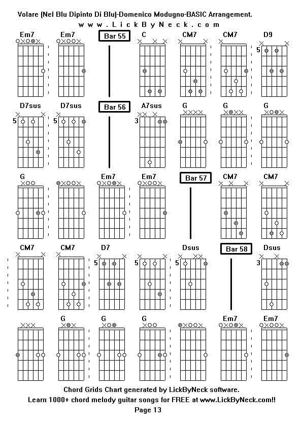 Chord Grids Chart of chord melody fingerstyle guitar song-Volare (Nel Blu Dipinto Di Blu)-Domenico Modugno-BASIC Arrangement,generated by LickByNeck software.